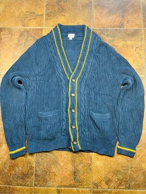 J. Crew Navy Cable-Knit Cardigan with Yellow Trim
